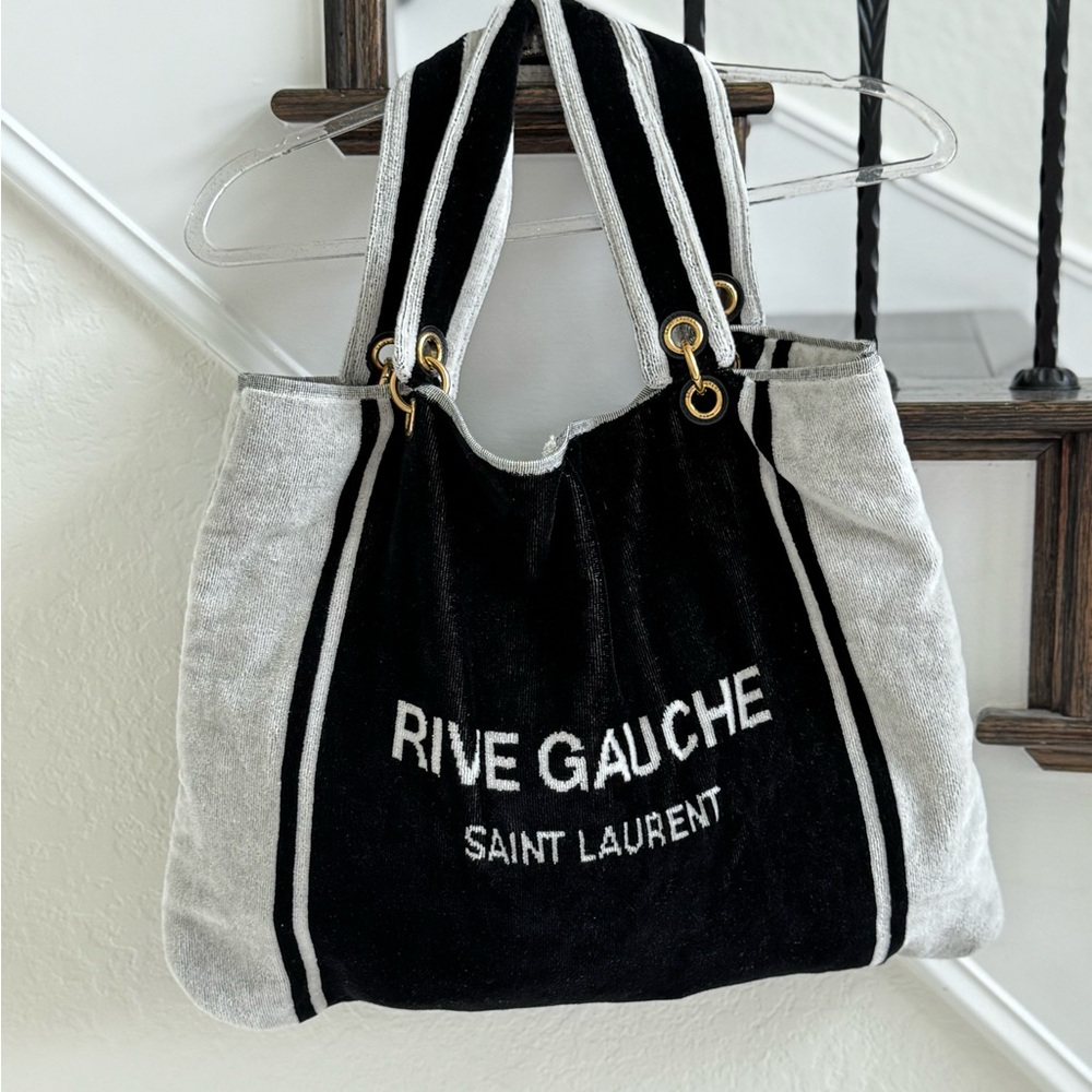 Saint Laurent Black and White Rive Gauche Canvas Tote - Picture 4 of 12